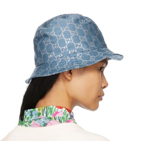Gucci NWT Canvas Lame GG Monogram Bucket Hat Small Light Blue Silver - Picture 6 of 11